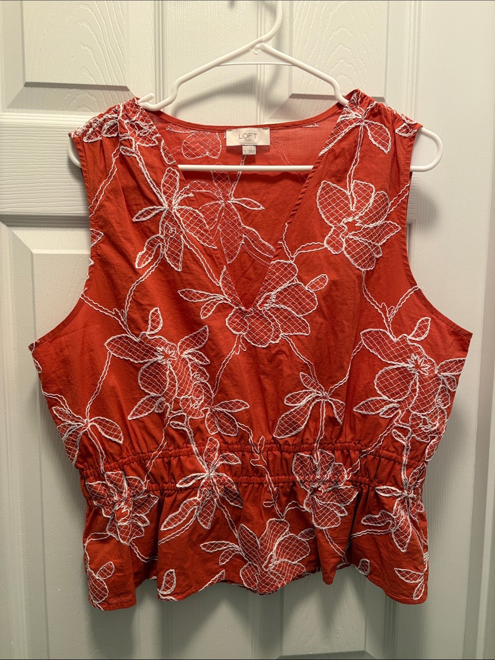 LOFT Orange Floral Embroidered Sleeveless Peplum Top